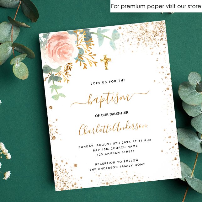 Baptism eucalyptus rose floral budget invitation flyer (Creator Uploaded)