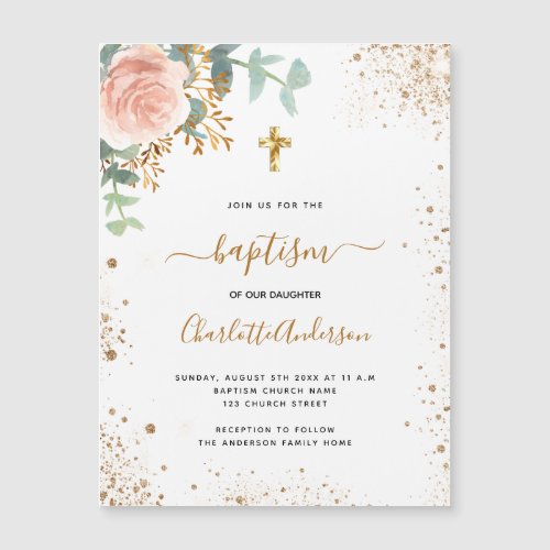 Baptism eucalyptus rose floral invitation magnet