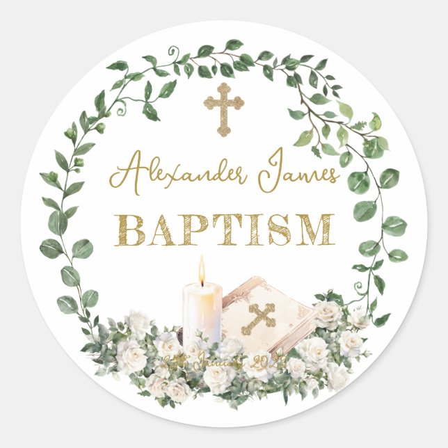 Baptism Eucalyptus Roses Cross  Classic Round Sticker (Front)