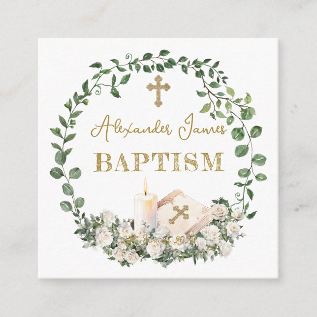 Baptism Eucalyptus Roses Cross  Enclosure Card (Front)