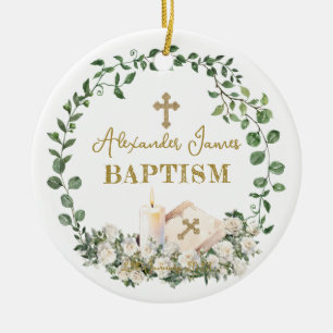 Baptism Eucalyptus Roses Cross Photo Ceramic Ornament