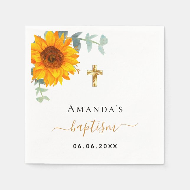 Baptism eucalyptus rustic sunflower boy girl napkins (Front)