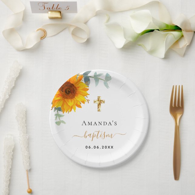 Baptism eucalyptus rustic sunflower boy girl paper plates (Wedding)