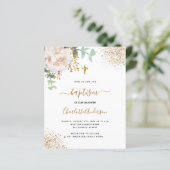 Baptism eucalyptus white floral budget invitation (Standing Front)