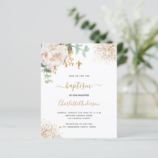 Baptism eucalyptus white floral budget invitation (Standing Front)