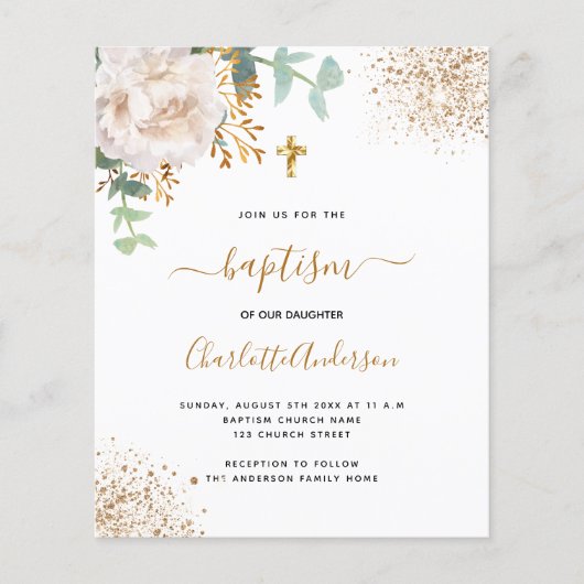 Baptism eucalyptus white floral budget invitation (Front)