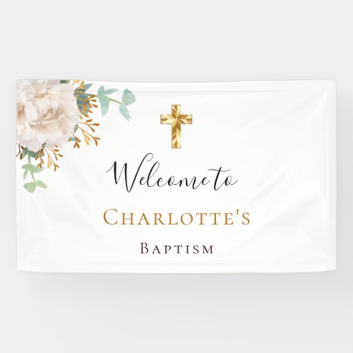 Baptism eucalyptus white floral gold cross welcome banner