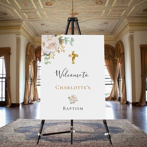 Baptism eucalyptus white floral gold cross welcome foam board