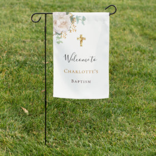 Baptism eucalyptus white floral gold cross welcome garden flag