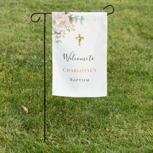 Baptism eucalyptus white floral gold cross welcome garden flag (In SItu)