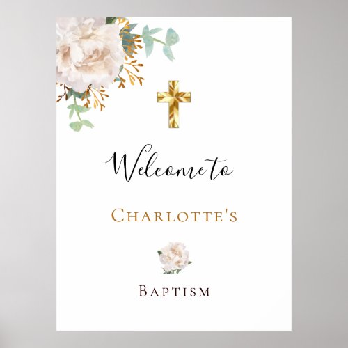 Baptism eucalyptus white floral gold cross welcome poster