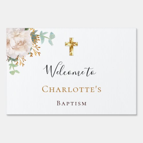 Baptism eucalyptus white floral gold cross welcome sign