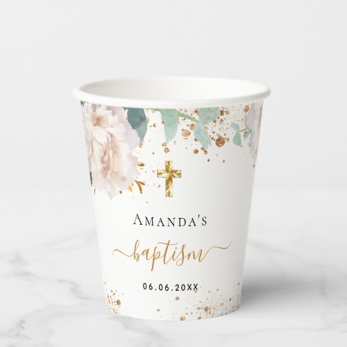 Baptism eucalyptus white gold floral paper cups