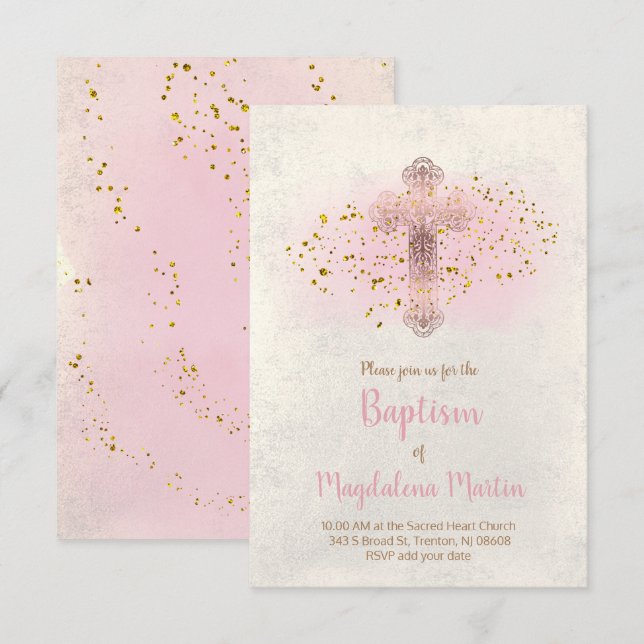 Baptism FAUX glitter and pink watercolor Invitation (Front/Back)