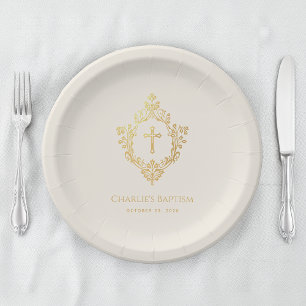 Baptism Faux Gold Cross in Crest Vintage Ivory Paper Plates