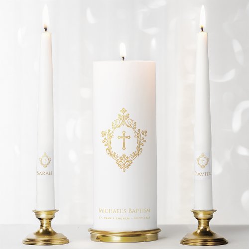 Baptism Faux Gold Cross in Crest Vintage Religious Unity Candle Set