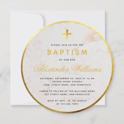 Baptism Faux Gold Foil Marble Calligraphy Round Invitation