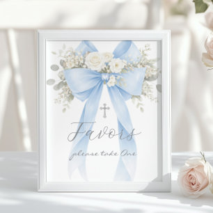 Baptism Favor Blue Bow Eucalyptus Poster