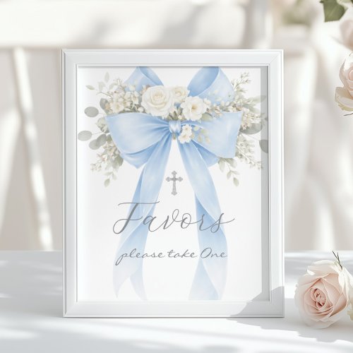 Baptism Favor Blue Bow Eucalyptus Poster