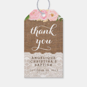 Baptism Favor Tags for Girl with pink flowers