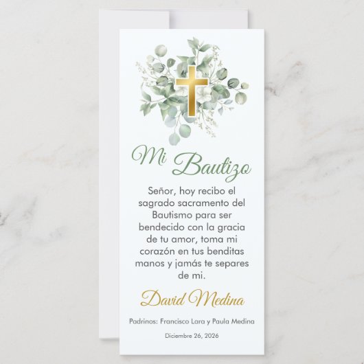 Baptism Favor Watercolor Green Leaves Bookmark (Front)