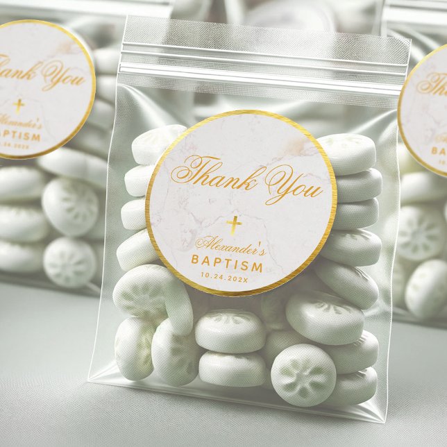 Baptism Favors Elegant Thank You Faux Gold Marble  Classic Round Sticker (Creator Uploaded)
