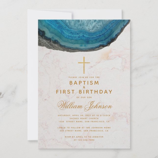 Baptism & First Birthday Blue Geode Gold Cross Boy Invitation (Front)