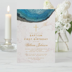 Baptism & First Birthday Blue Geode Gold Cross Boy Invitation
