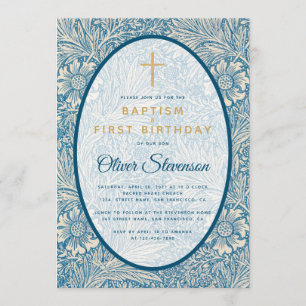 Baptism First Birthday Blue White Floral Marigold Invitation