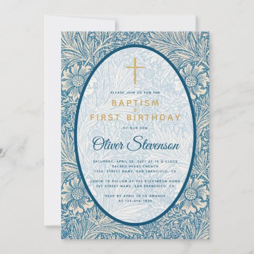 Baptism First Birthday Blue White Floral Marigold Invitation