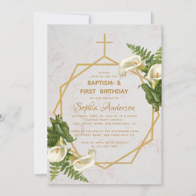 Baptism First Birthday Calla Lilies Gold Marble Invitation (Front)