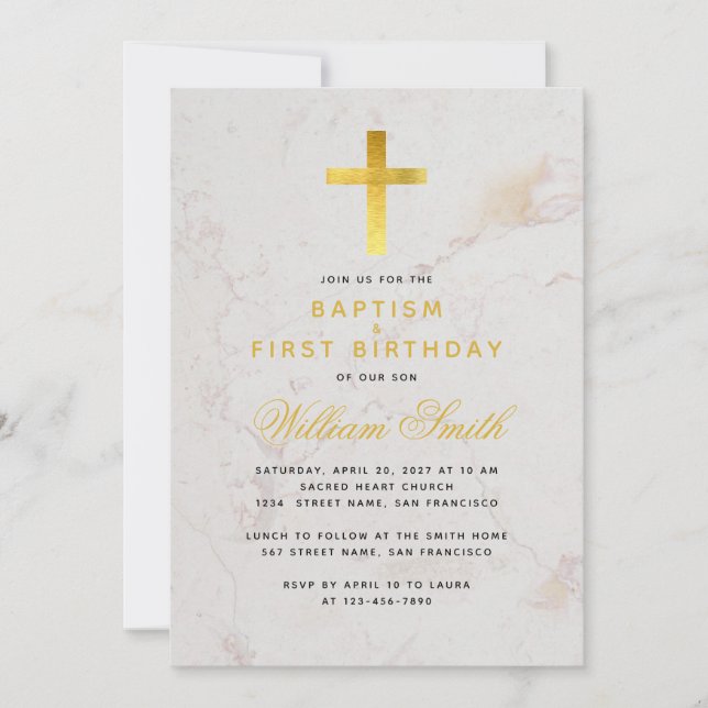 Baptism & First Birthday Faux Gold Cross Marble Invitation (Front)