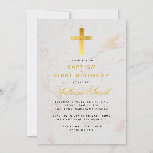 Baptism  First Birthday Faux Gold Cross Marble Invitation