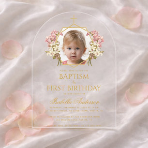 Baptism First Birthday Girl Photo Gold Pink Floral Acrylic Invitations