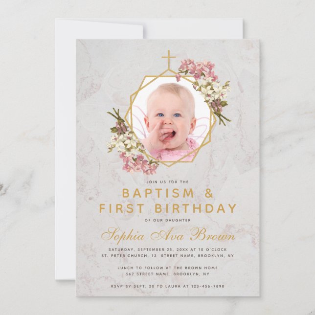 Baptism First Birthday Girl Photo Pink Orchids Invitation (Front)