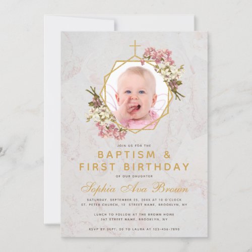 Baptism First Birthday Girl Photo Pink Orchids Invitation