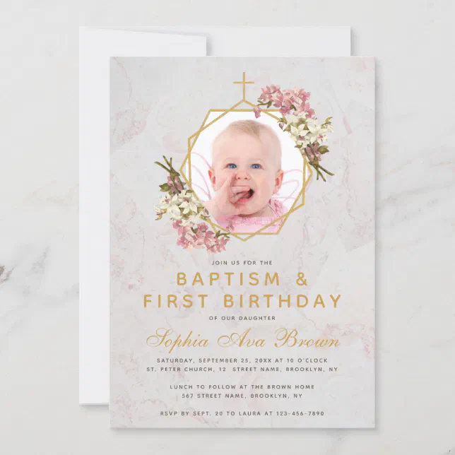 Baptism First Birthday Girl Photo Pink Orchids Invitation 