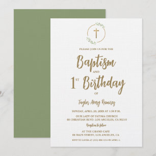 Baptism First Birthday Greenery wreath Gold cross Invitation