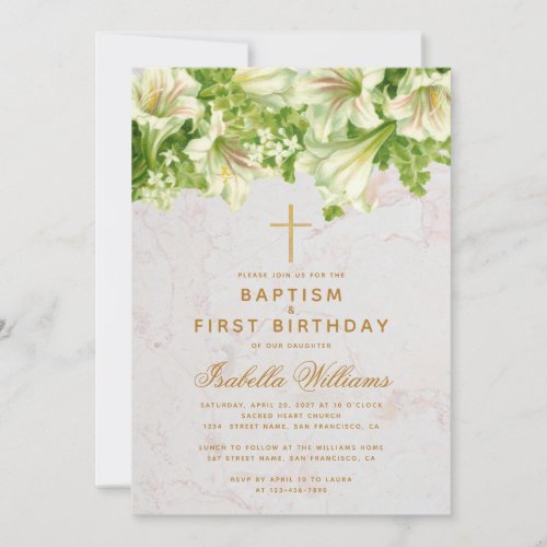 Baptism First Birthday Lilies Marble Gold Cross Invitation
