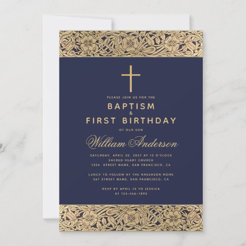 Baptism First Birthday Navy Blue Gold Roses Boy Invitation