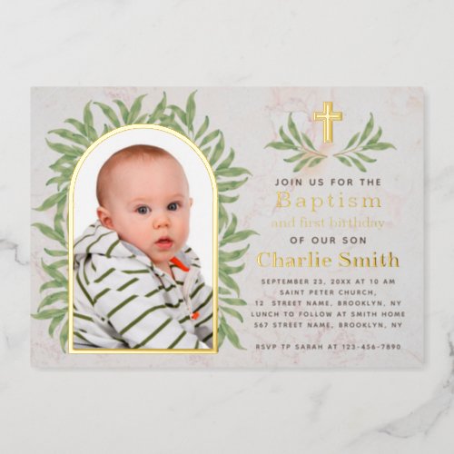 Baptism First Birthday Photo Greenery Gold Arch  Foil Invitation
