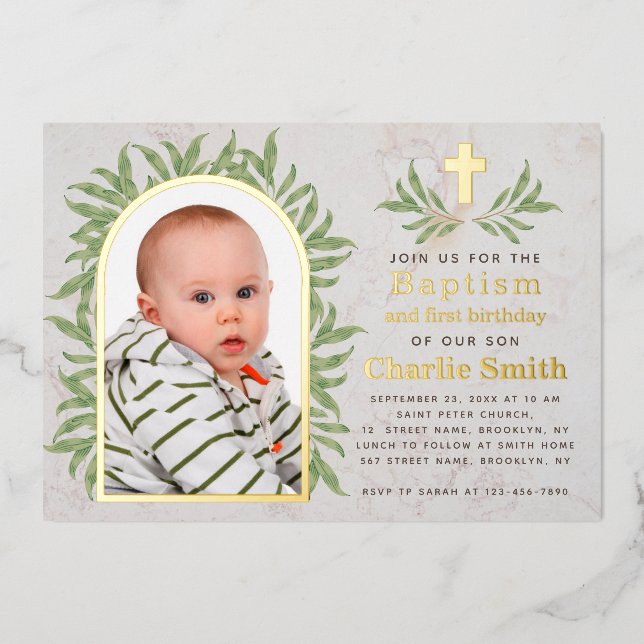 Baptism First Birthday Photo Greenery Gold Arch  Foil Invitation (Front)