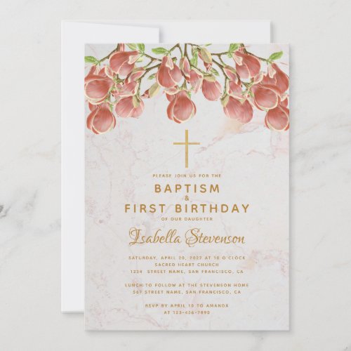 Baptism First  Birthday Pink Magnolia Cross Marble Invitation