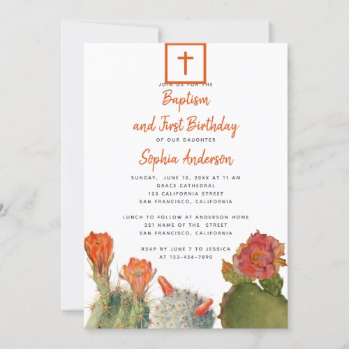 Baptism  First Birthday Red Cactus Flowers Girl Invitation