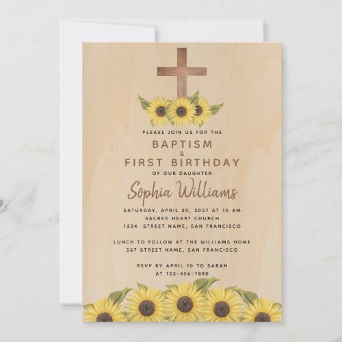 Baptism First Birthday Sunflower Wood Cross Rustic Invitation