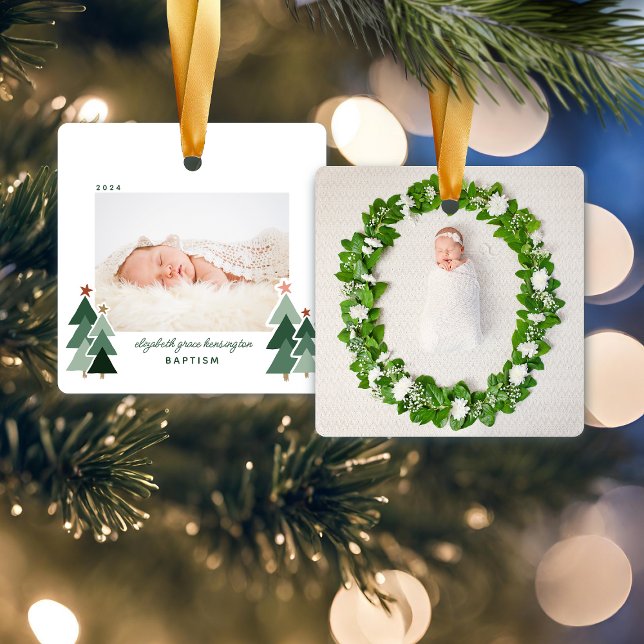 Baptism First Christmas Rustic Trees Photo Ceramic Ornament (Baptism First Christmas Rustic Trees Photo Ceramic Ornament)