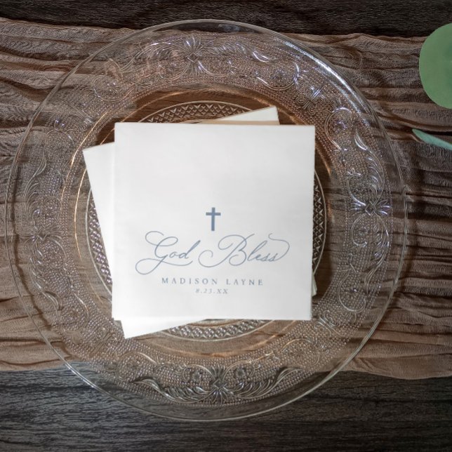 Baptism First Communion Dusty Blue God Bless Cross Napkins (Dusty blue God Bless baptism napkins with cross—personalized for a soft, elegant celebration.)