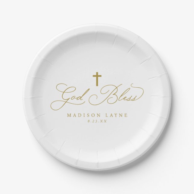 Baptism First Communion Gold God Bless Cross Paper Plates (Front)