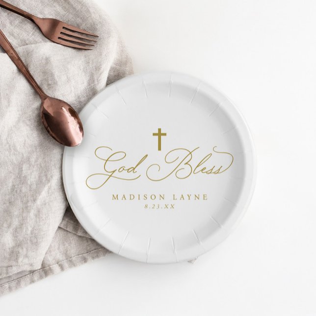 Baptism First Communion Gold God Bless Cross Paper Plates (Elegant God Bless paper plates with gold cross, perfect for baptism or first communion.)