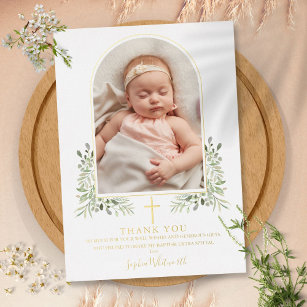 Baptism Floral Arch Photo Gold Foil Thank You Card